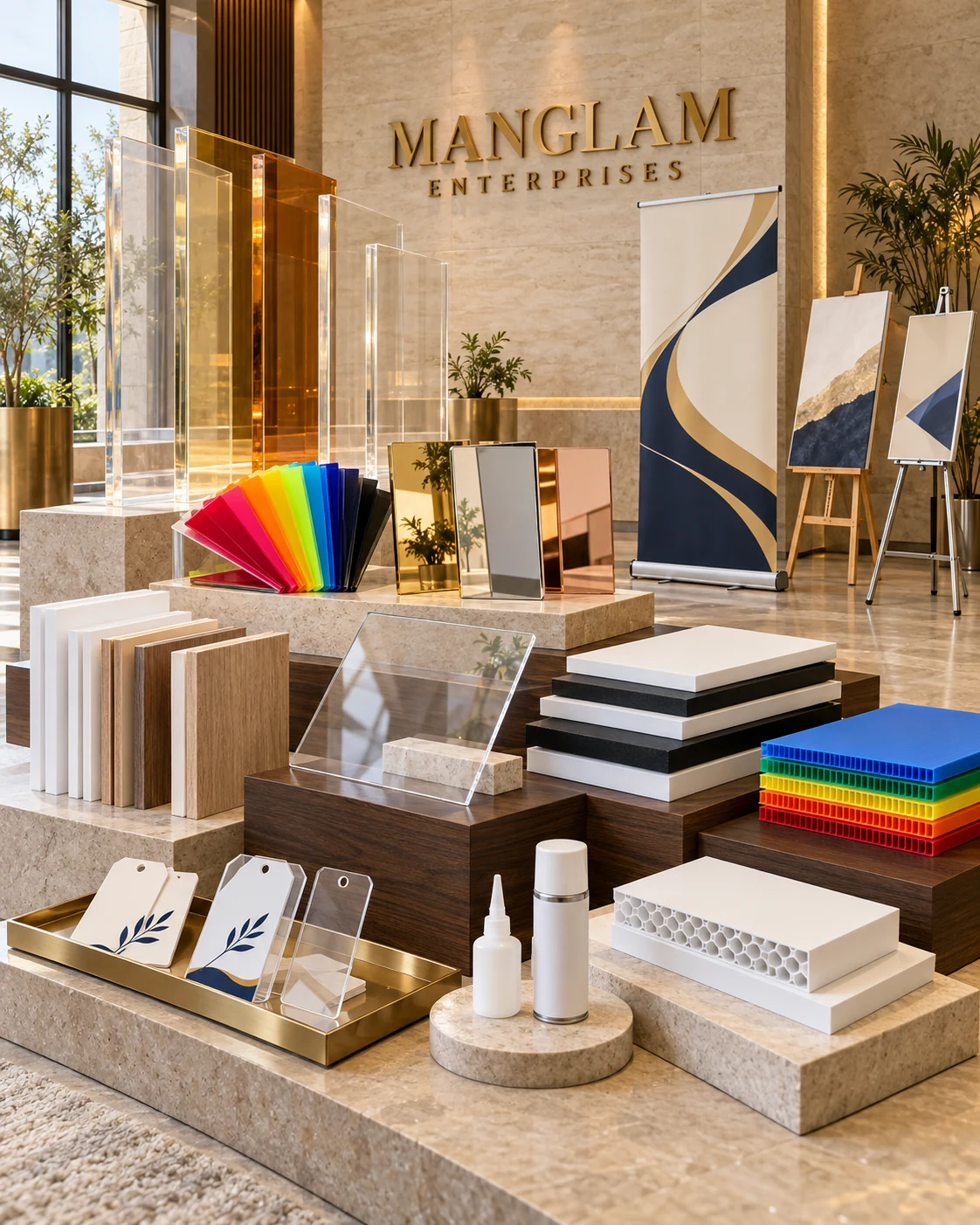 AI-generated Manglam Enterprises product showcase featuring acrylic and mirror sheets, PVC, WPC, polycarbonate, printed tags, foam boards, PP sheets, standees and adhesives