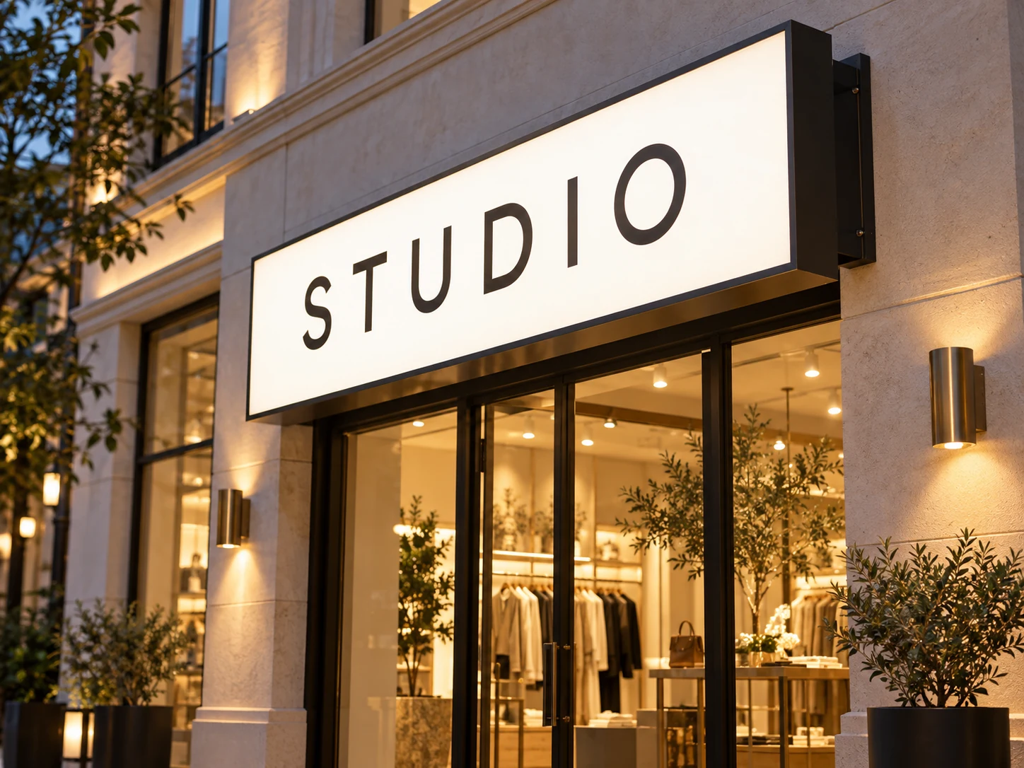 AI-generated concept of an illuminated opal acrylic signage board mounted above a contemporary storefront
