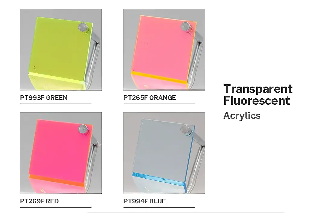 PT Glas colour book page showing Transparent Fluorescent Acrylics