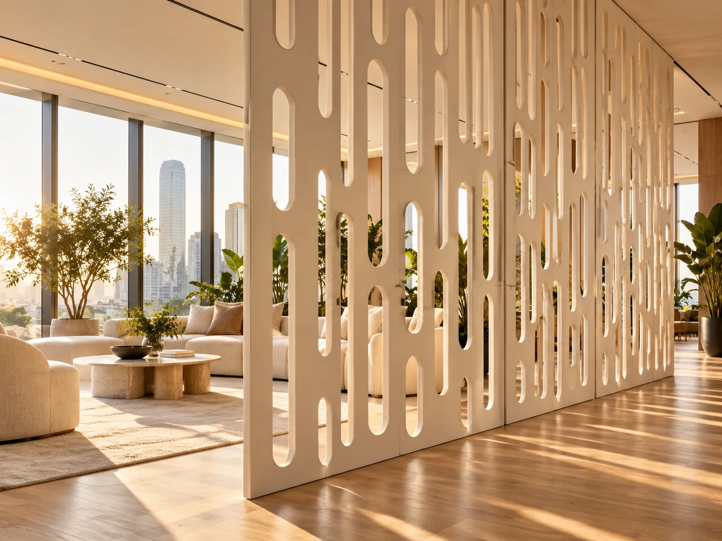 AI-generated concept of CNC-cut ivory WPC sheet partitions in a contemporary office lounge