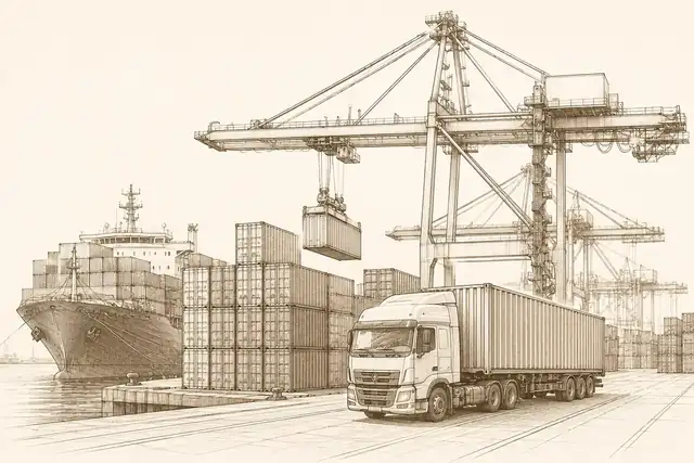 Sepia line-art of port crane, shipping containers, cargo ship and container truck