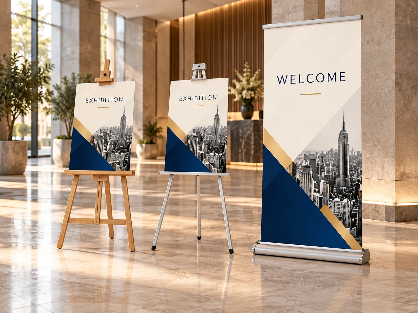 AI-generated concept of a premium wide-base roll-up standee beside wooden and metal easel display stands