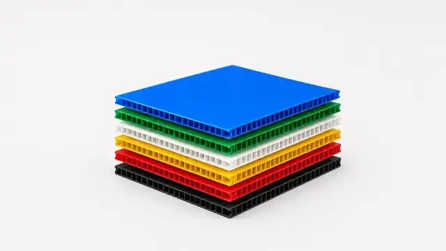 Stack of colourful PP corrugated sheets with visible fluted channels