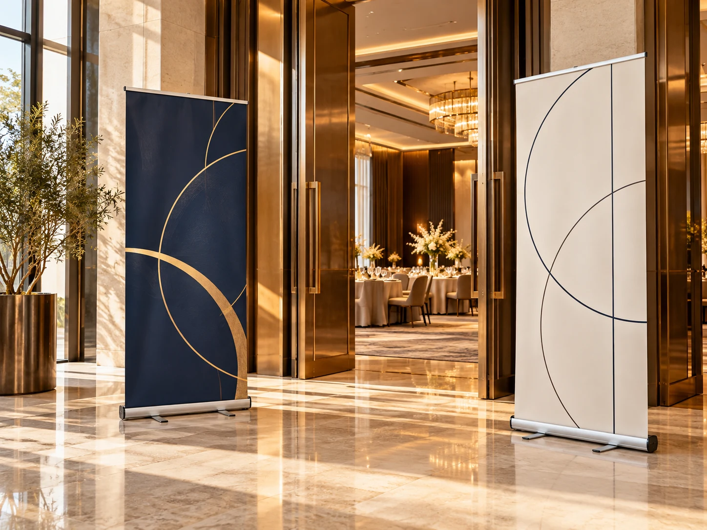 AI-generated concept of two navy and ivory roll-up standees at an elegant business event entrance