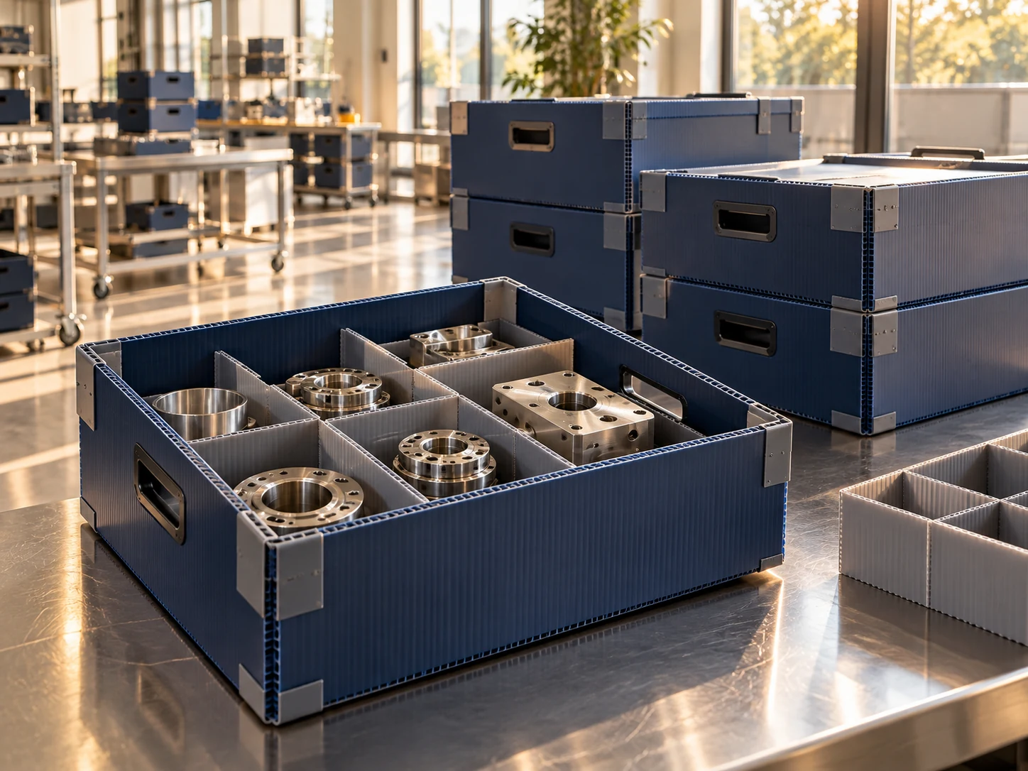 AI-generated concept of blue PP corrugated packaging totes with fitted dividers in a clean production space