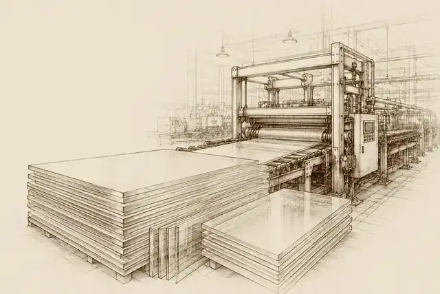 Sepia line-art of stacked cast acrylic sheets and an acrylic manufacturing line