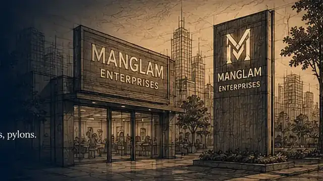Sepia sketch of shopfronts, illuminated signs and pylons