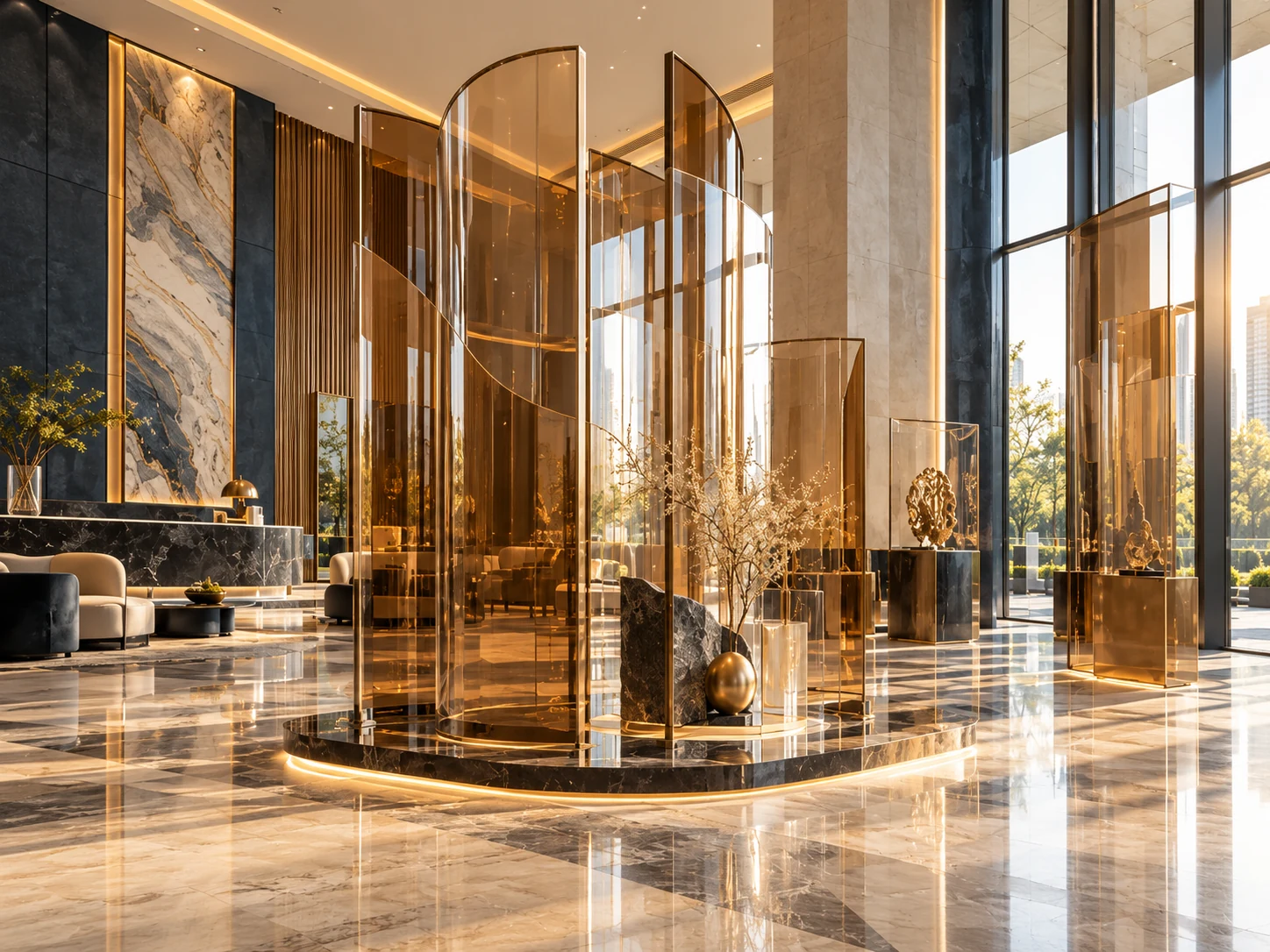 AI-generated concept of tall amber cast-acrylic screens in a sunlit premium reception lobby