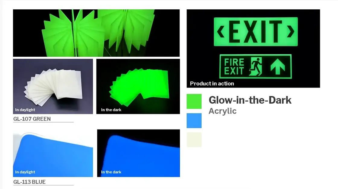 PT Glas colour book page showing Glow-in-the-Dark Acrylics