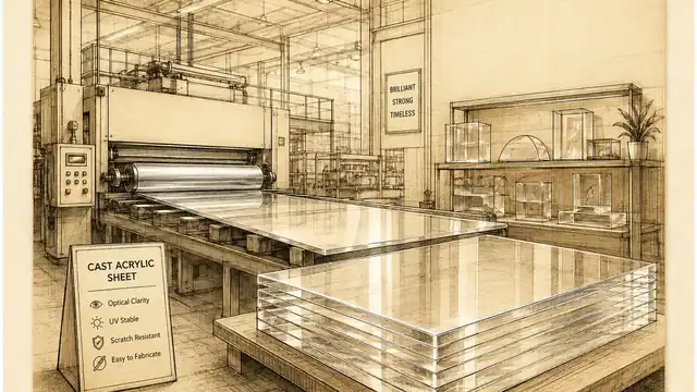 Sepia line-art of cast acrylic sheet production and display interior