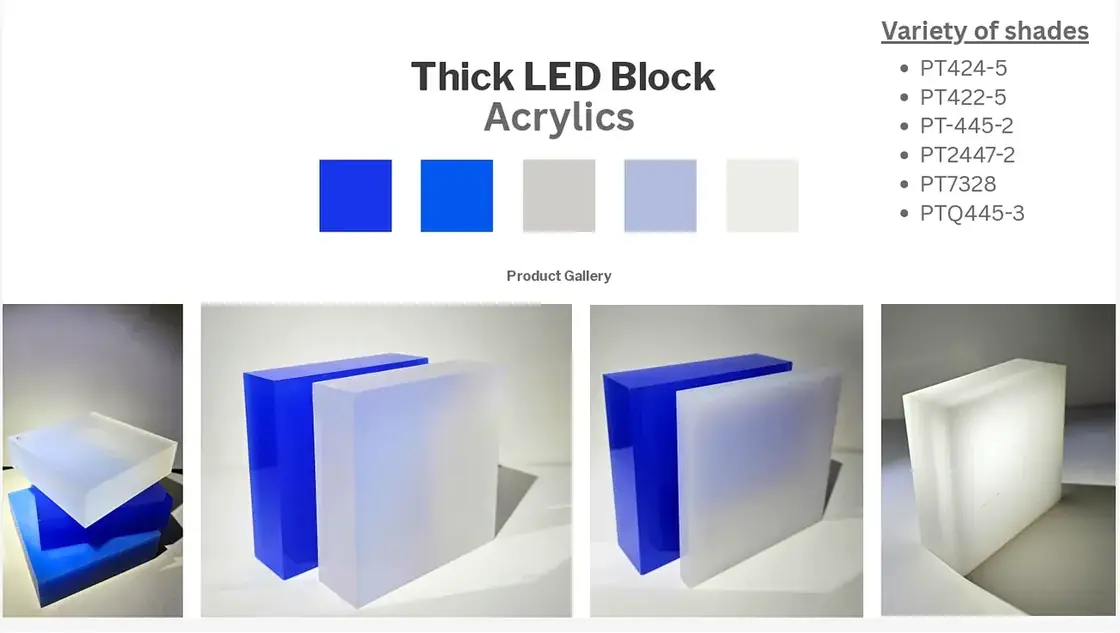 PT Glas colour book page showing Thick LED Block Acrylics
