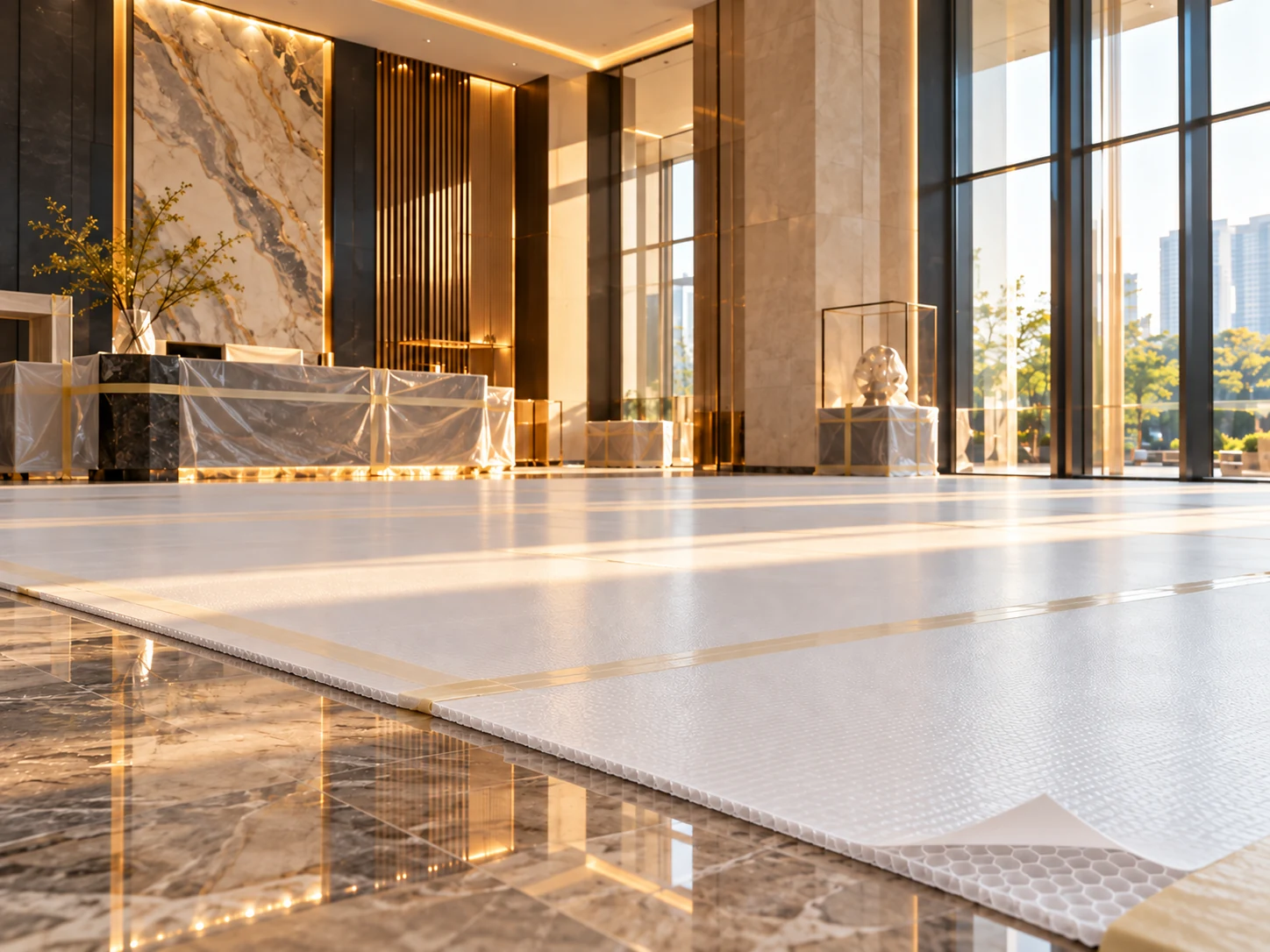 AI-generated concept of PP bubble guard protection boards laid over a marble floor during an interior fit-out