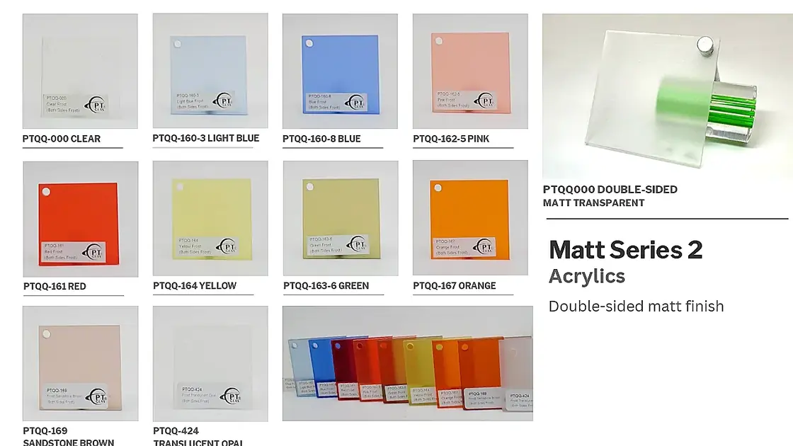 PT Glas colour book page showing Matt Series 2 Acrylics