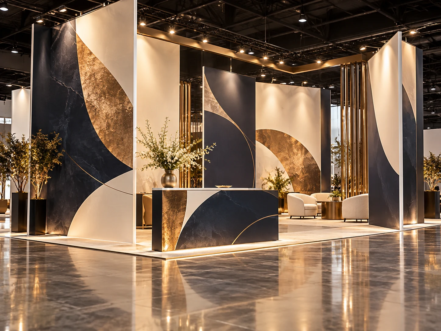AI-generated concept of printed PVC foam-board display panels in a premium exhibition booth