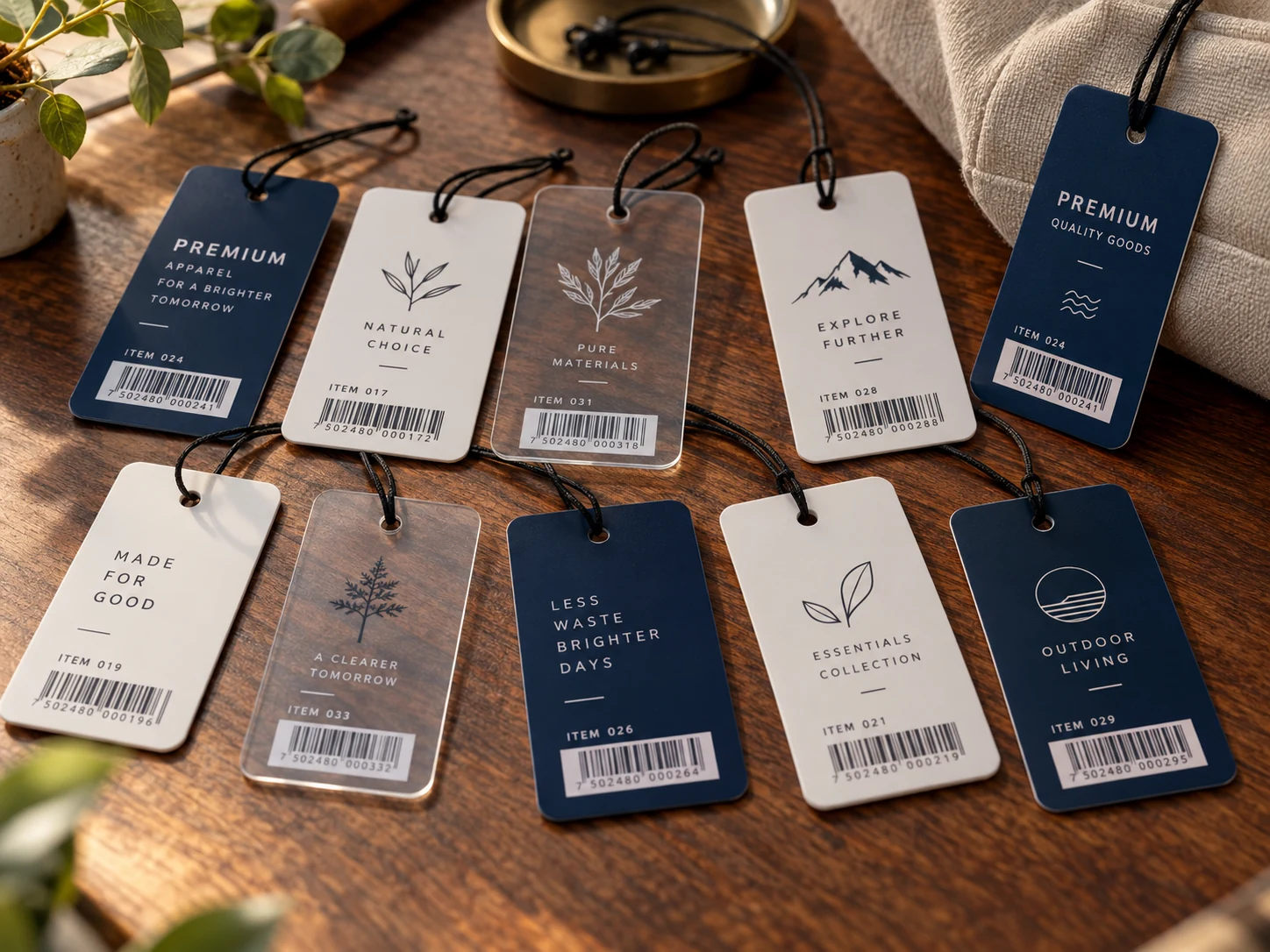 AI-generated concept of printed white and clear rigid PVC product tags and labels with punched holes and barcodes