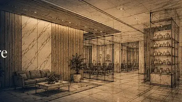 Sepia sketch of wall cladding, partitions and decorative panels