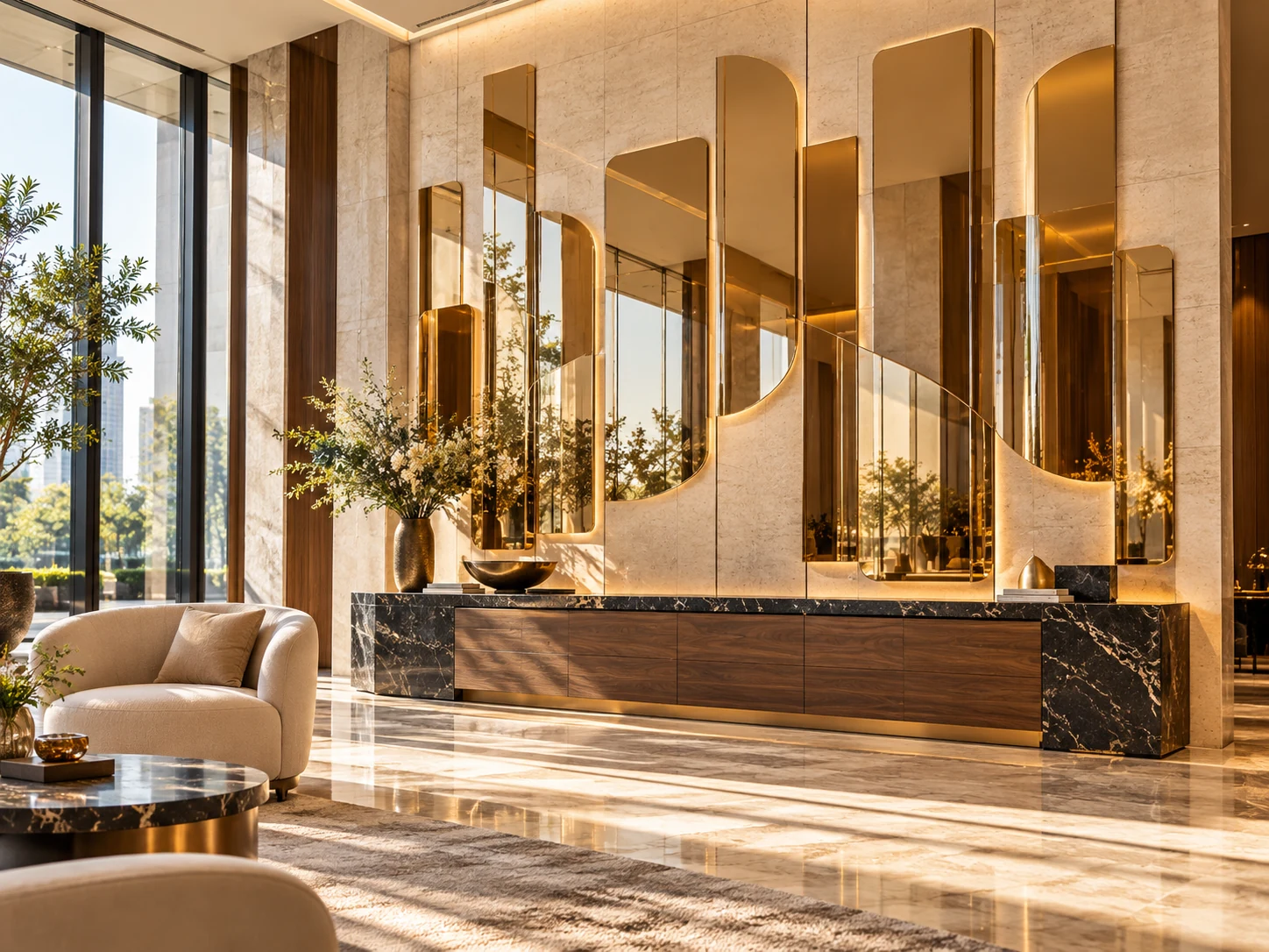 AI-generated concept of geometric gold mirror-acrylic panels above a walnut console in a reception lounge