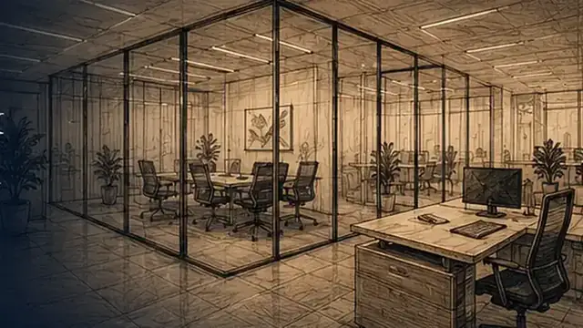 Sepia sketch of corporate office interiors and glass partitions