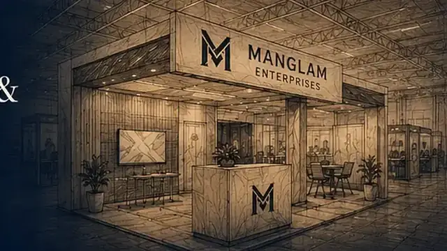 Sepia sketch of exhibition booths, standees and event structures