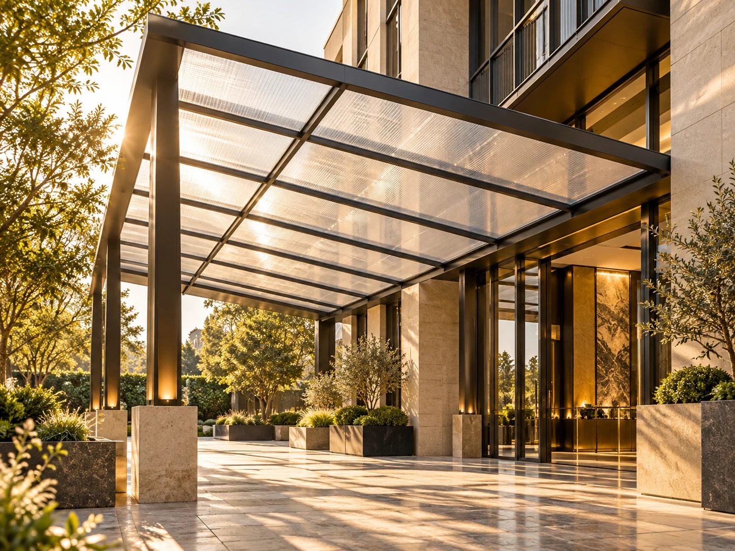 AI-generated concept of a polycarbonate canopy above a landscaped building entrance