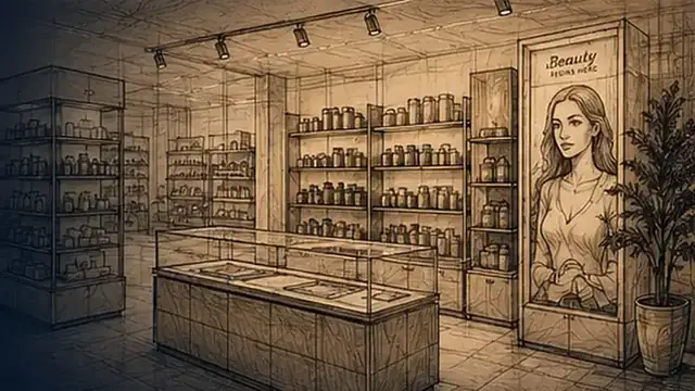 Sepia sketch of retail display racks, counters and POP fixtures